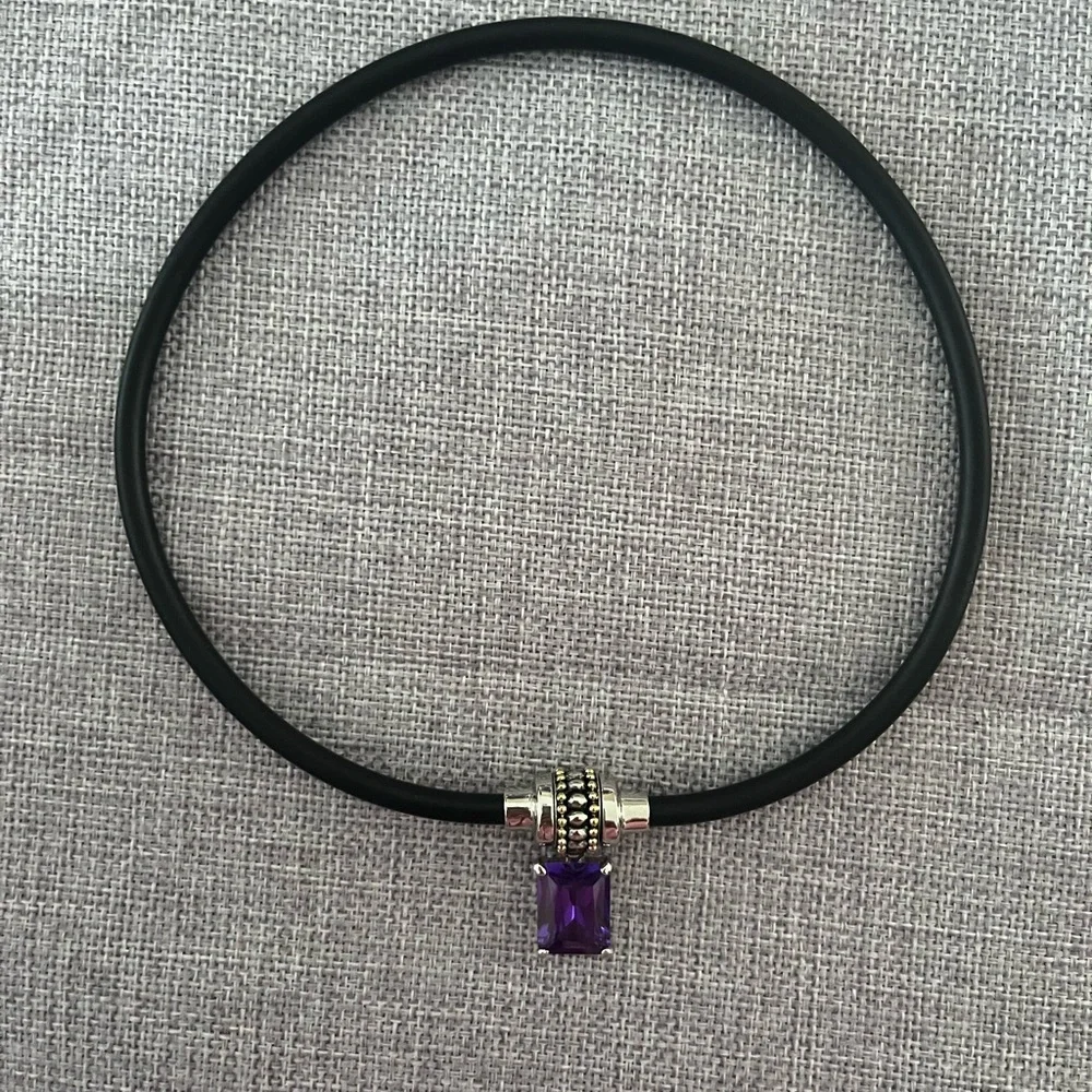Black Choker Necklace Purple Crystal & Silver Tone Pendant